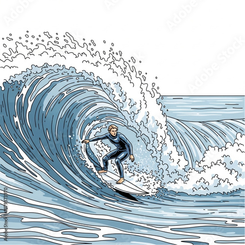 Surfer Riding Wave in Wetsuit.