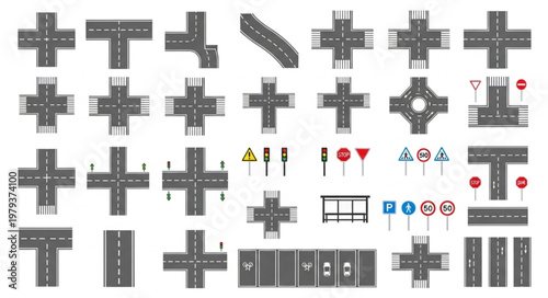 Collection of Road Intersections and Traffic Signs Vector Illustrations.