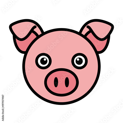 A simple, cartoon-style illustration of a pink pig's face with large, expressive eyes and a prominent snout.