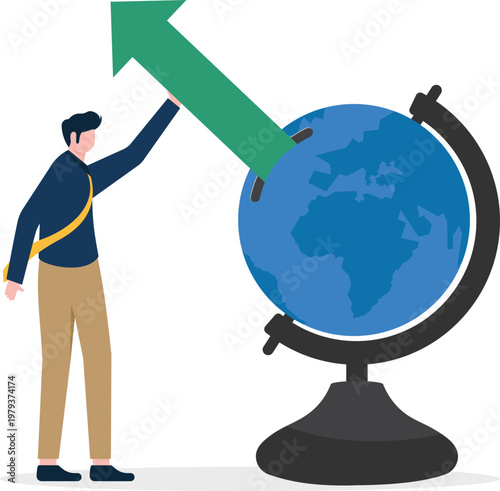 Professional pushing a giant green arrow into a globe