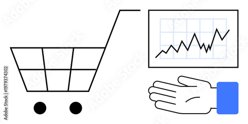 E-commerce, business growth, financial analysis, sales management, profit strategy, digital commerce. Shopping cart with upward graph and a hand. E-commerce and business growth concept
