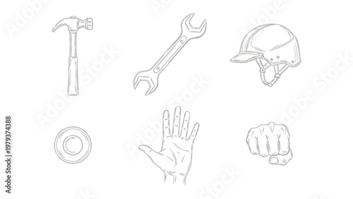 Craftsman's Palette: A detailed monochrome illustration of essential tools, a protective helmet, a welcoming hand, and a determined fist, set against a pristine backdrop.