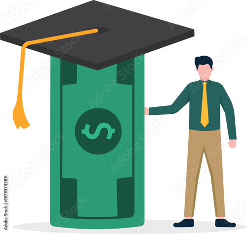 Professional standing by a graduation hat on a money pillar