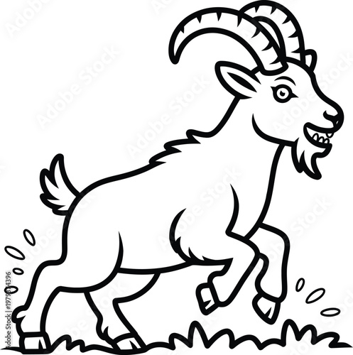 Cute cartoon goat jumping in the meadow, black and white line art illustration for coloring book
