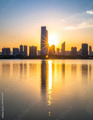 A stunning sunset illuminates a modern cityscape reflected in the calm waters of a lake, creating a picturesque and serene urban landscape.