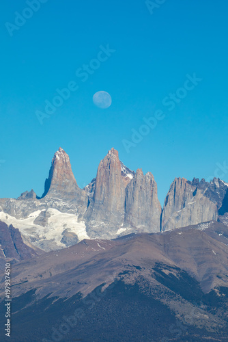 The amazing Patagonian Landscape - Torres del Paine.	 With full moon.
