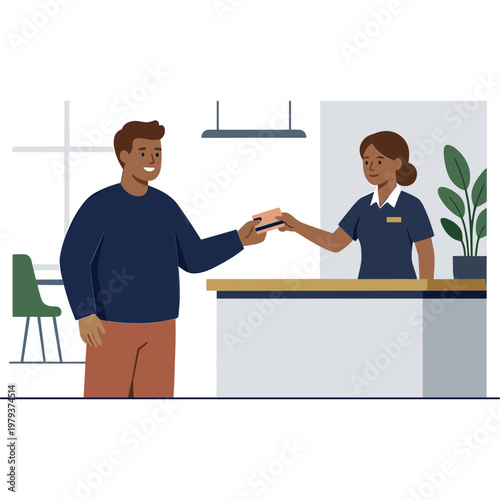 Man receives ticket from receptionist at counter in office lobby area