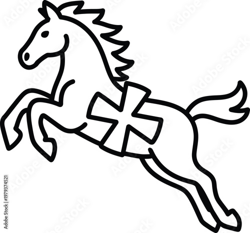 Line art illustration of a prancing horse with a cross symbol on its body