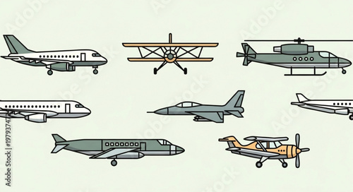 Collection of various aircraft types including airplanes and helicopters.