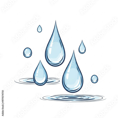 Water Droplets Falling Creating Ripples Illustration.