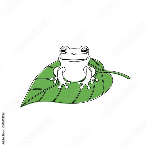 White Cartoon Frog Sitting on Leaf.