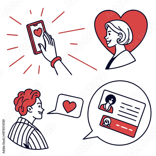 Online dating and social media interaction vector illustration set with profiles
