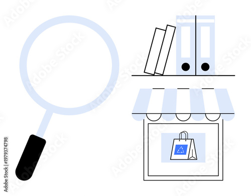 E-commerce, online shopping, retail organization, product search, digital marketing, business tools. Magnifying glass near shop and files. E-commerce and online shopping illustrated