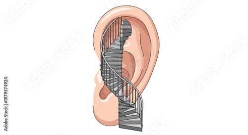 Conceptual illustration of a human ear with an internal spiral staircase, representing inner ear structure, hearing, and complexity.