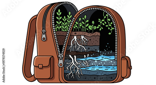 Detailed illustration of an open backpack revealing a vibrant ecosystem with green plants, soil layers, roots, and water. Eco-friendly travel concept.