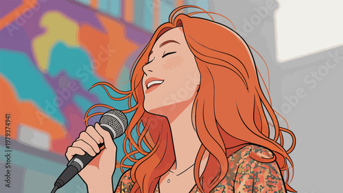 Young woman singing with microphone outdoors