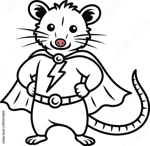 Cute superhero opossum character wearing a cape and lightning bolt emblem