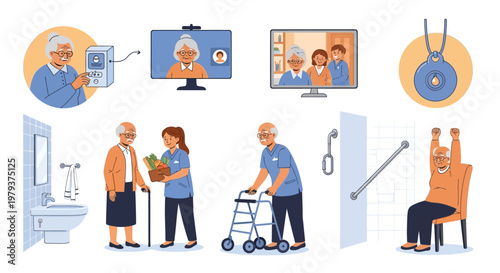 Comprehensive set of illustrations depicting senior care, elderly assistance, telehealth, and independent living support for an aging population.