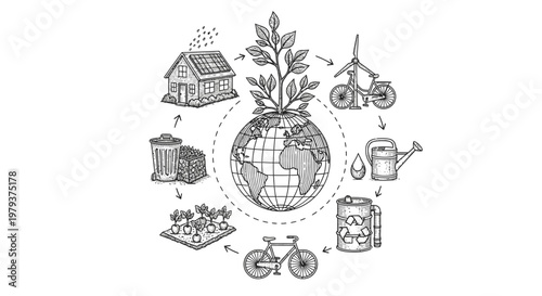 Eco friendly world concept globe surrounded by sustainable elements