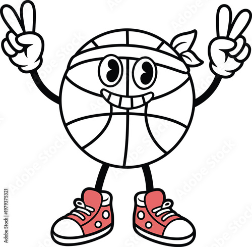 Cartoon basketball character wearing a headband and sneakers making a peace sign gesture