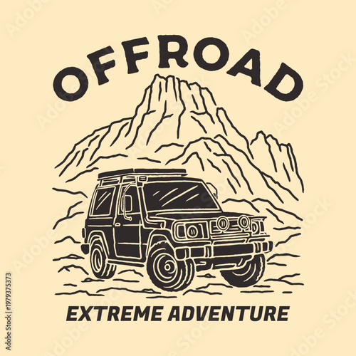 Vintage Offroad Extreme Adventure 4x4 SUV Mountain Line Art Badge Illustration