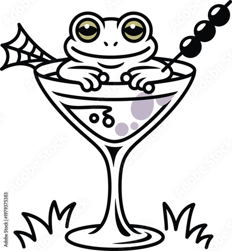Cute cartoon frog sitting in a martini glass with a spider web and olive garnish