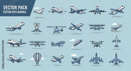 Collection of diverse aircraft and flying vehicles vector icons.