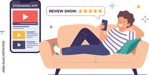 Person relaxing on sofa watching streaming service on phone
