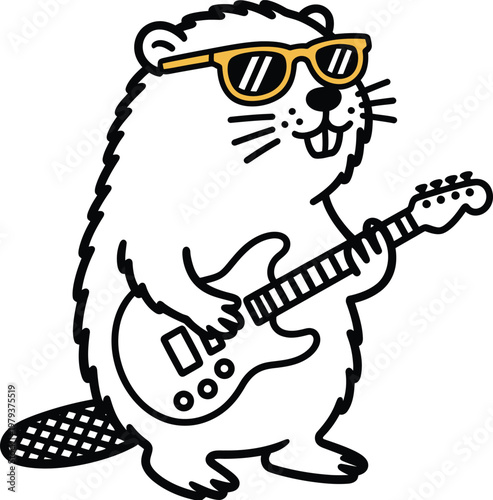 Cool cartoon beaver playing electric guitar wearing sunglasses