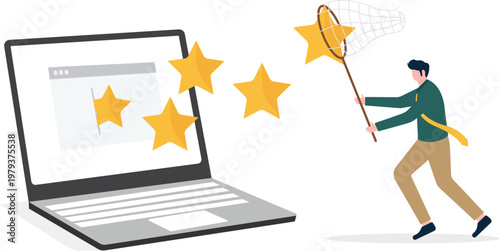 Professional catching rating stars coming out of a laptop with a net