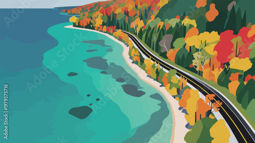 Aerial View of Coastal Highway in Autumn