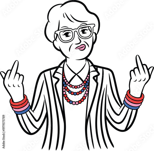 Illustration of an elderly woman with glasses wearing a striped blazer and colorful jewelry giving the middle finger gesture