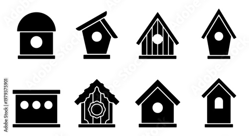 Minimalist birdhouse icon set, 8 black silhouette bird house vector elements, garden nesting box illustrations for wildlife conservation and backyard decor