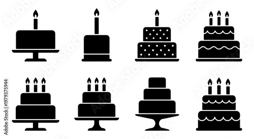 Birthday cake icon set, black silhouette celebration cakes with candles, 8 vector elements for party invitations and bakery branding