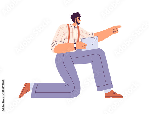 Man pointing with finger, holding tablet gadget, device in hand. Happy person kneeling, showing, indicating, instruction gesture. Flat vector illustration isolated on white background