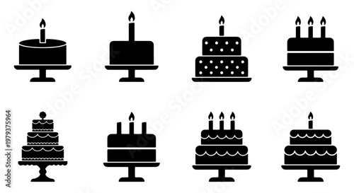 Minimalist birthday cake icons set, black silhouette celebration cakes with candles, 8 vector dessert elements for party invitations and bakery branding