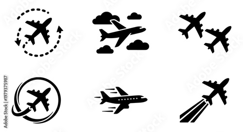 Airplane icon set with 6 vector elements, black aircraft silhouettes for travel and aviation, flight symbols with clouds and motion trails