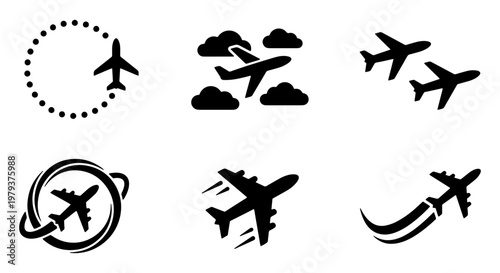 Airplane icon set with 6 vector elements, black aircraft silhouettes for flight tracking and travel, minimalist aviation symbols for logistics