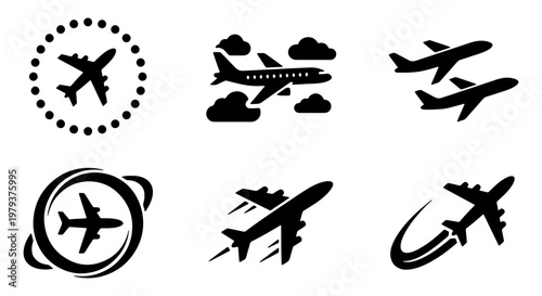 Aviation icon set with black airplane silhouettes, 6 flight symbols for travel and logistics, minimalist aircraft vector graphics for airport signage