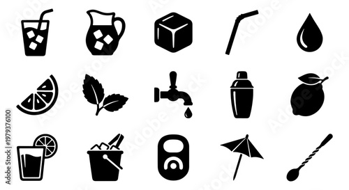 Refreshing beverage and cocktail icons set, 15 black vector symbols for bar menus, cold drink preparation and summer party graphics