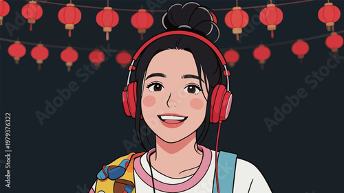 Young Woman Wearing Headphones with Lanterns