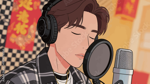 Man in headphones singing with microphone