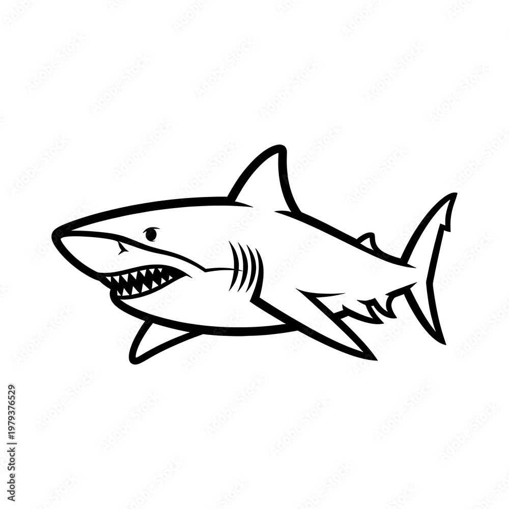 Fototapeta premium Black and white shark cartoon drawing.