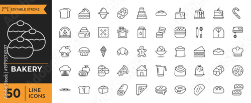Bakery Outline icon set. Containing bakery, pastry, bread, biscuit, birthday cake, croissant, donut, cookie, and more. Editable stroke. Vector illustration	