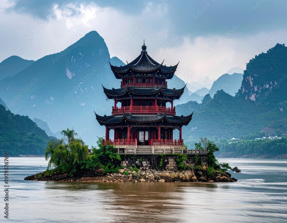 Obraz premium A traditional Chinese pagoda stands majestically on a small island in a serene river, framed by towering mountains under a cloudy sky.