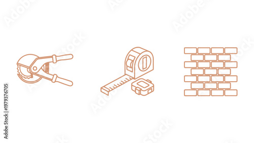 Construction Tools: The image showcases a set of essential construction tools, including a brick, tape measure, and pipe cutter