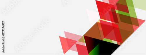 Abstract geometric shapes overlap, creating dynamic composition. Red, brown, green hues dominate white background. Minimalist design.