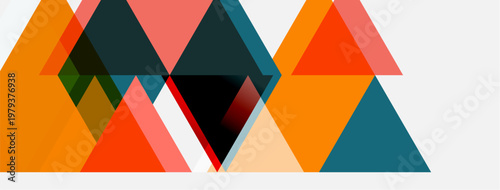 Abstract geometric shapes overlap, creating dynamic composition. Orange, teal, pink hues dominate design. Minimalist style.