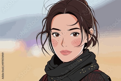 Stylish Woman with Freckles and Black Scarf