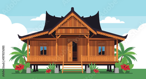 Traditional Indonesian Wooden House on Stilts with Tropical Plants and Blue Sky